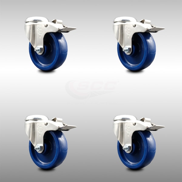 4 Inch 316SS Solid Polyurethane Swivel Bolt Hole Caster Set with Lock Brake SCC